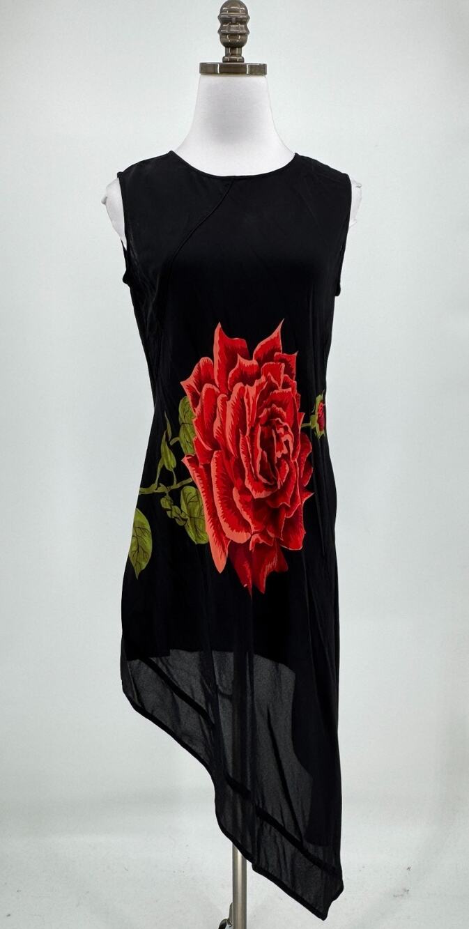 Harari Black Rose Graphic Silk Chiffon Sleeveless Asymmetric Sheath Dress Sz M
